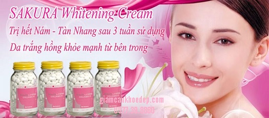 Viên uống trắng da, trị nám Sakura L-cystine collagen C của Nhật là bí quyết điều trị nám da, đốm nâu, đồi mồi, tàn nhang tận gốc từ bên trong mang lại làn da trắng hồng cho bạn.